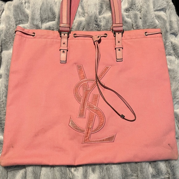 💯Authentic Yves Saint Laurent Kahala Pink Canvas & Velvet YSL Logo Tote Bag - Picture 2 of 11